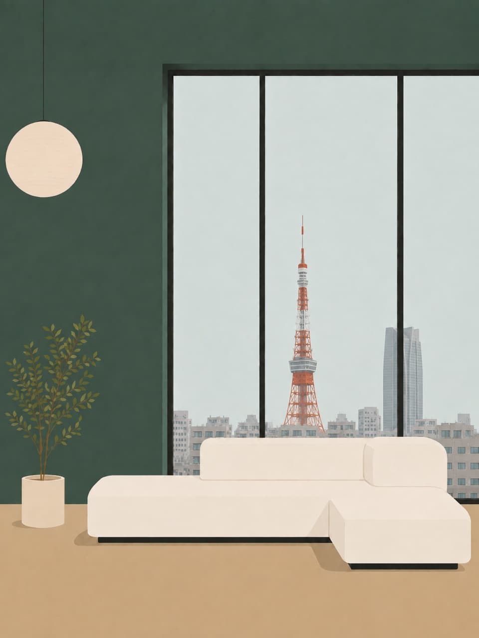 Tokyo living room with Tokyo Tower visible through a floor-to-ceiling window