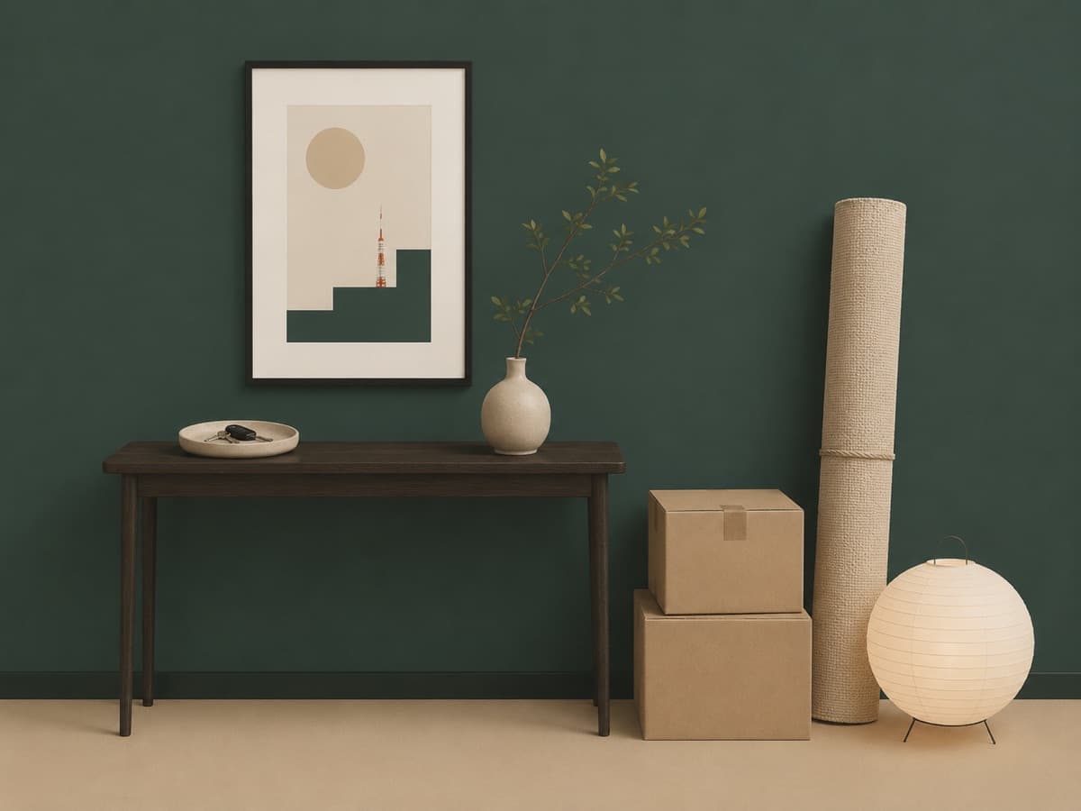 Entryway console on move-in day with house keys, moving boxes and a Japanese paper lantern