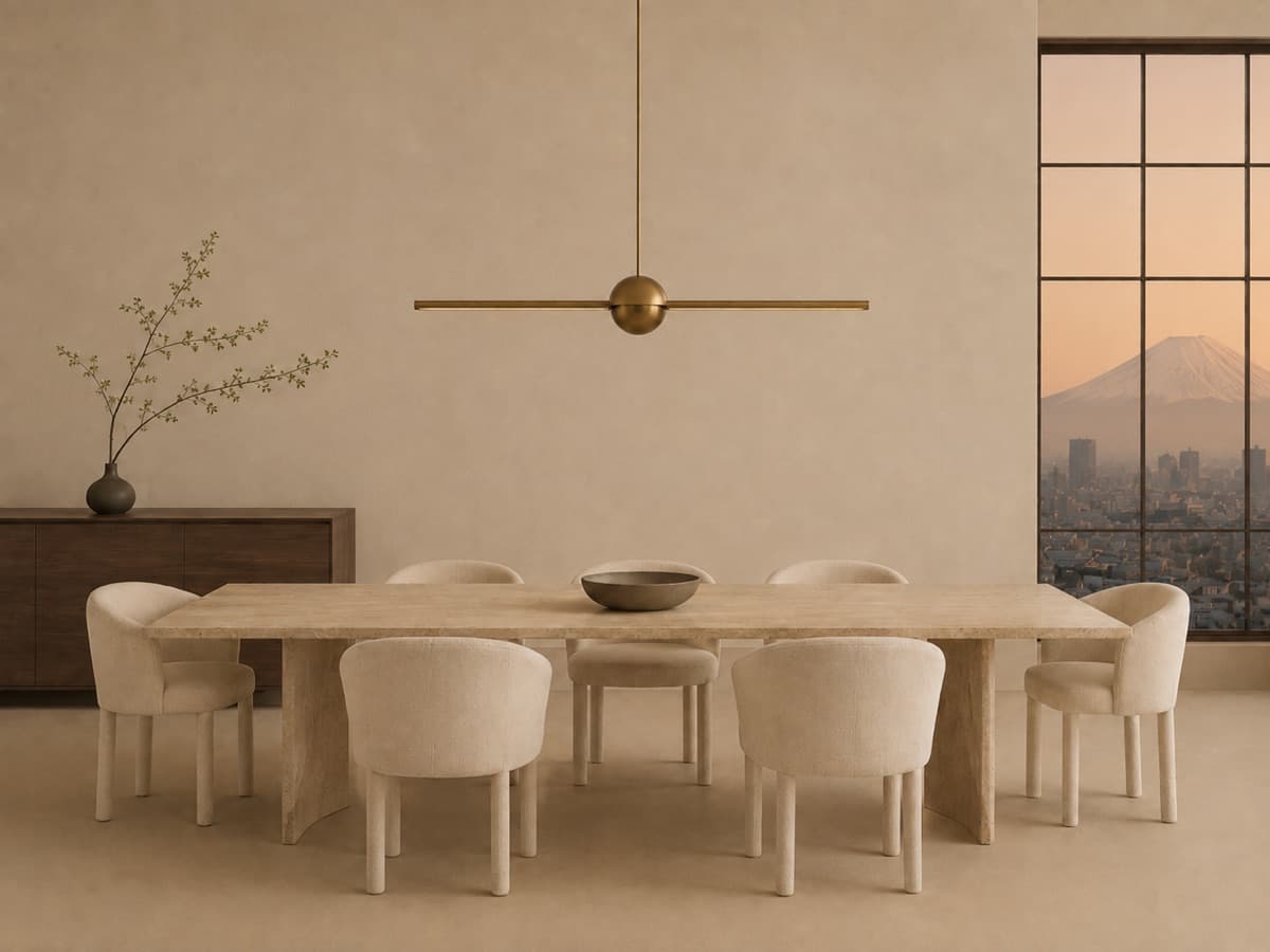 Modern Tokyo dining room with a brass pendant light and Mt. Fuji visible at dusk